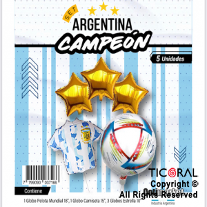 SET DE GLOBOS METALIZADO ARGENTINA CAMPEONES 3 ESTRELLAS 5 UNIDADES X 1